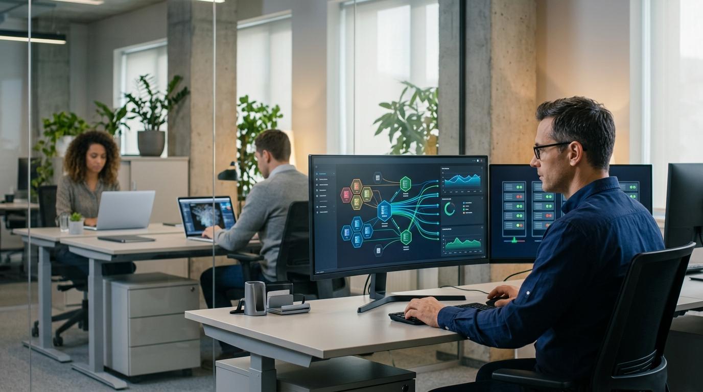 IT administrator managing secure cloud-hosted virtual desktops through a centralized dashboard while remote users access applications from laptops in a modern office.