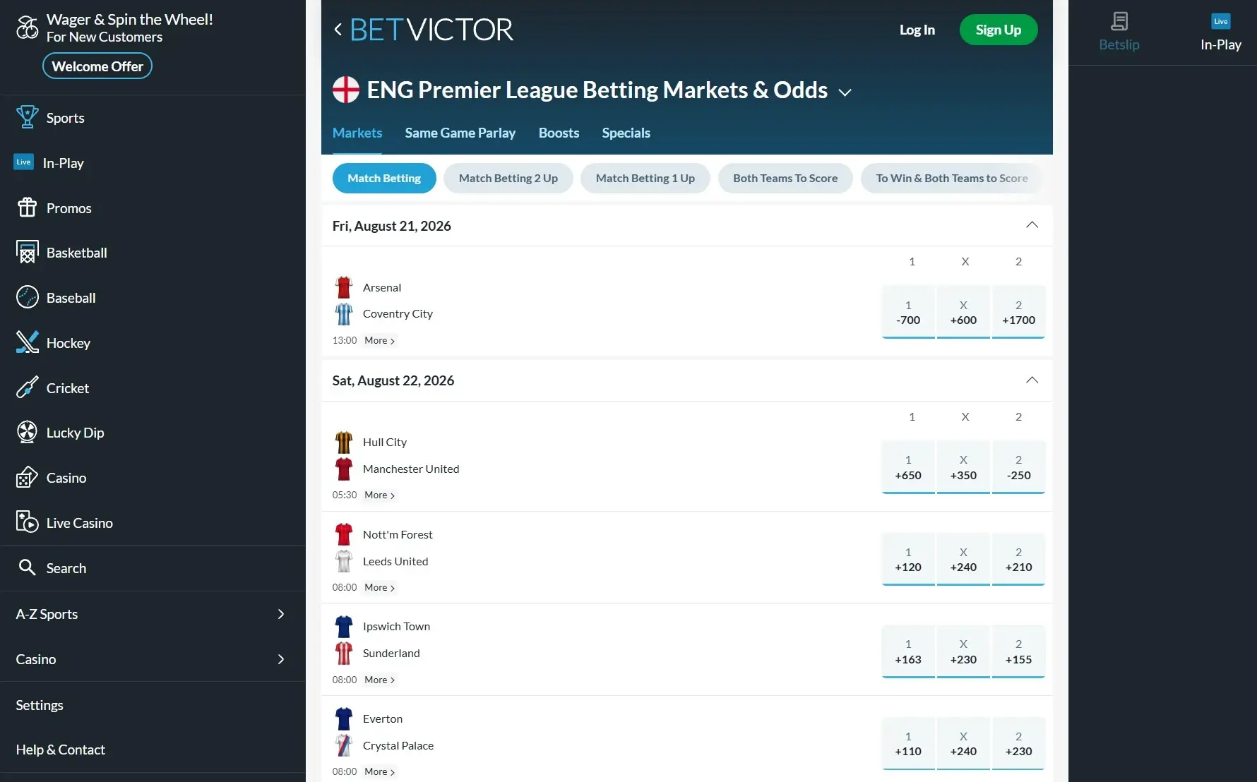 A screensht of BetVictor displaying Enlgish Premier League odds