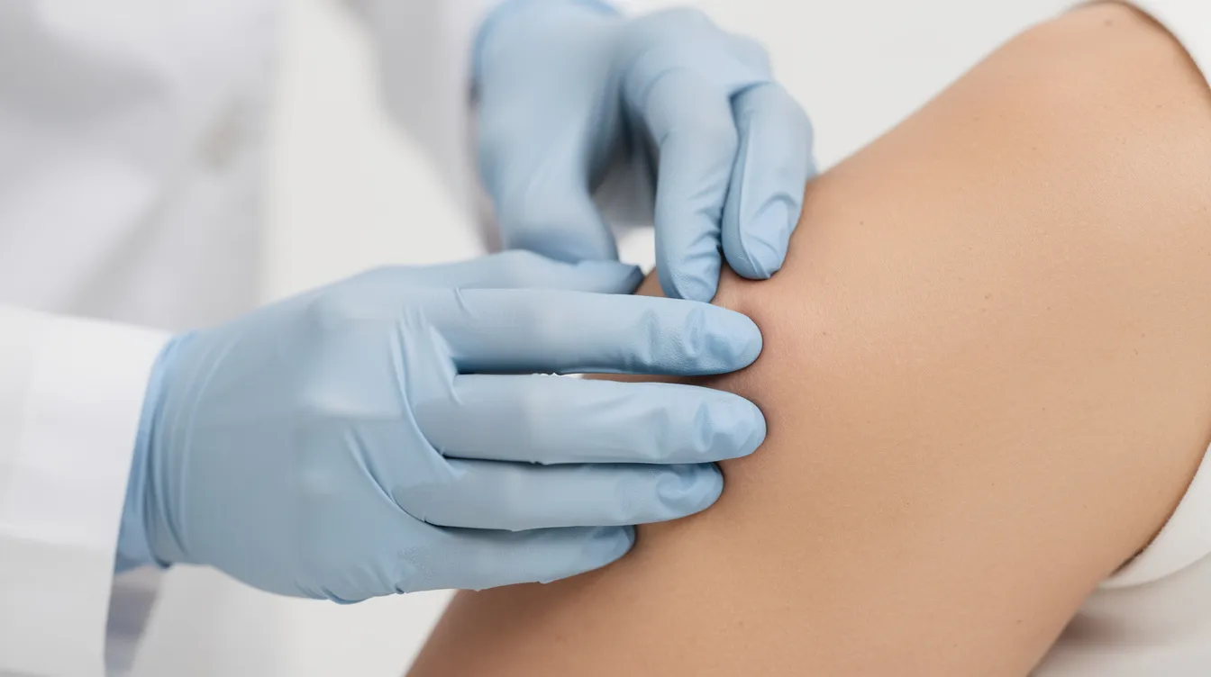 A medical professional in gloves closely examines a patient's skin under clinical lighting, focusing on the appearance of scars and surrounding skin. This detailed assessment may involve discussing scar revision techniques to improve the aesthetic appearance of hypertrophic or acne scars.