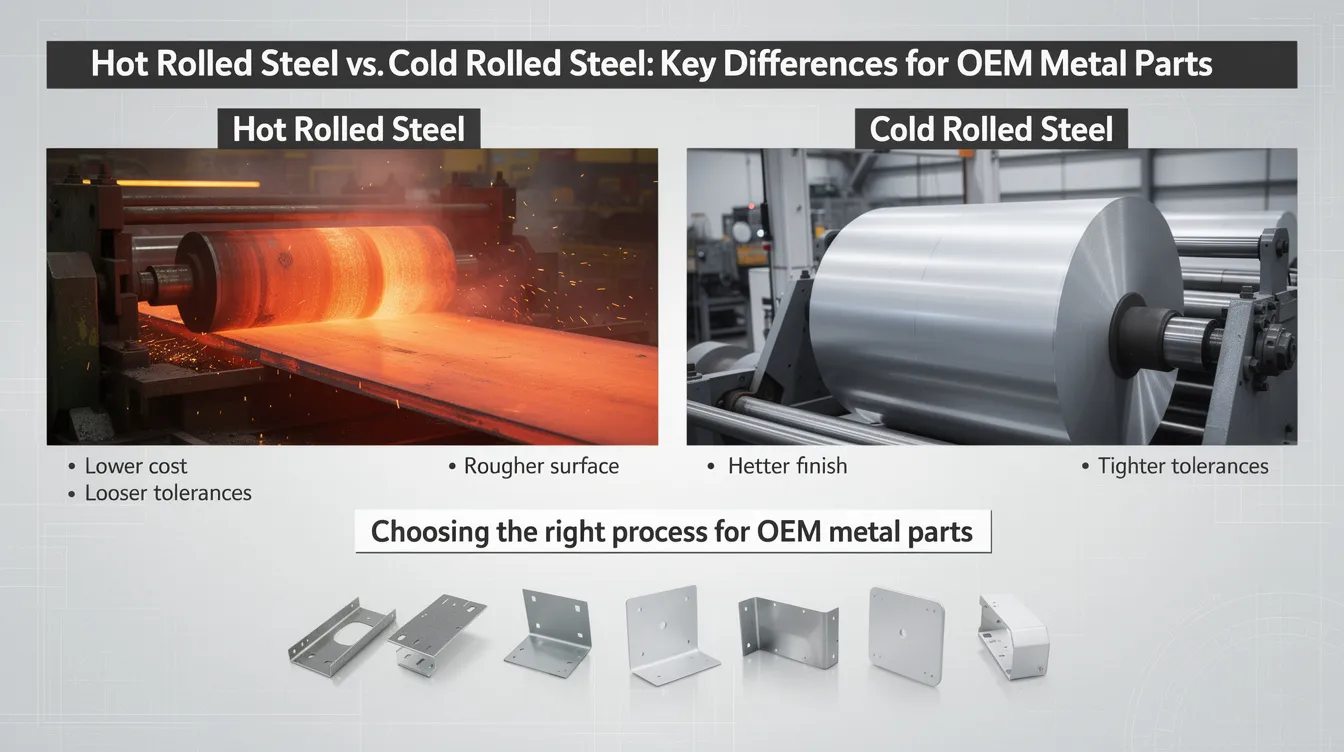 The image illustrates the key differences between hot rolled steel and cold rolled steel, showcasing their unique properties and applications in OEM metal parts. Hot rolled steel is depicted with a rough surface and high temperature processing, while cold rolled steel features a smoother finish and is often used for precision components.