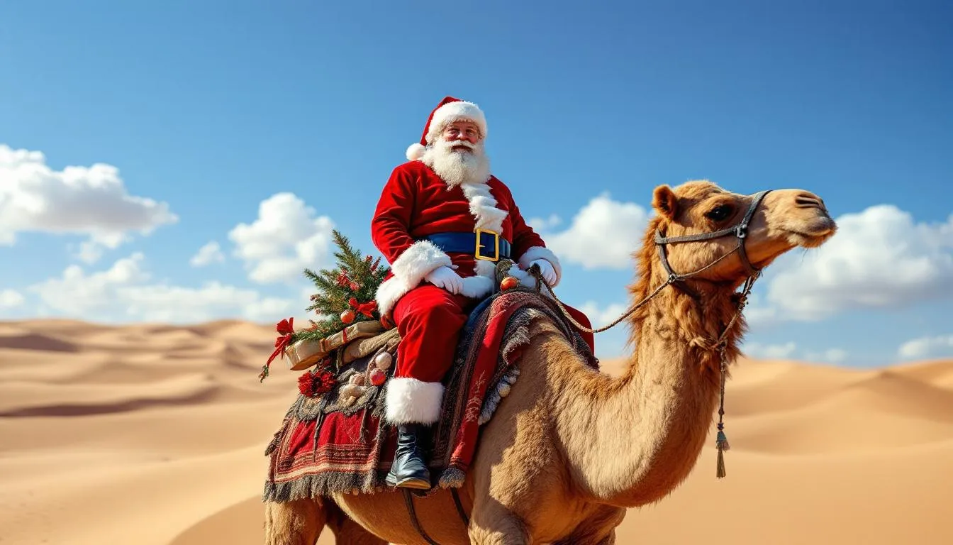 Santa Claus rides a camel across golden sand dunes, adorned with colorful Christmas decorations, creating a festive atmosphere in the Sahara Desert. This unique scene captures the spirit of Christmas in Morocco, blending local traditions with holiday cheer.