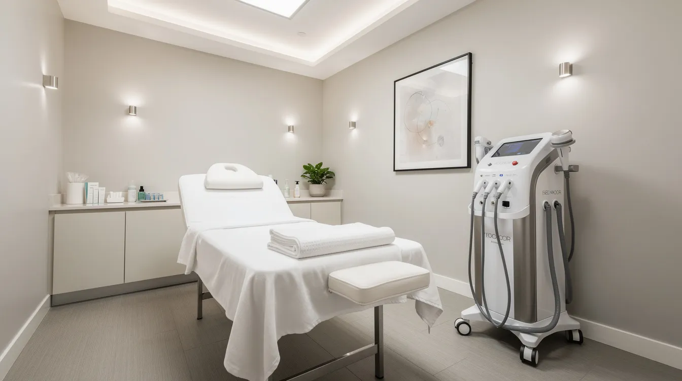 The image depicts a modern medspa treatment room featuring a comfortable treatment bed and a body contouring device, creating a professional clinical atmosphere ideal for non-surgical fat reduction treatments. The space emphasizes a focus on reducing stubborn fat deposits and promoting weight loss through advanced techniques like ultrasound fat reduction and fat freezing.