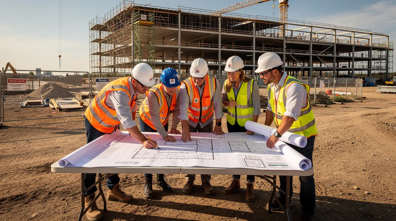 The image depicts a commercial building construction site where workers are gathered around a table, closely examining large architectural plans. This scene highlights the collaborative effort of design professionals, including architects and engineers, as they discuss critical planning documents essential for compliance with applicable codes and standards in the construction project.