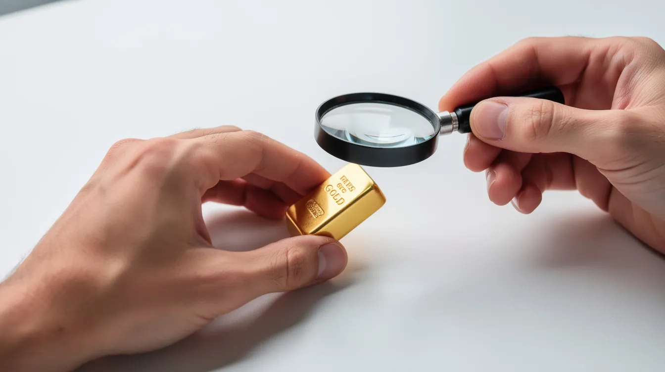 Hands holding a small gold bar and magnifying loupe on a white desk