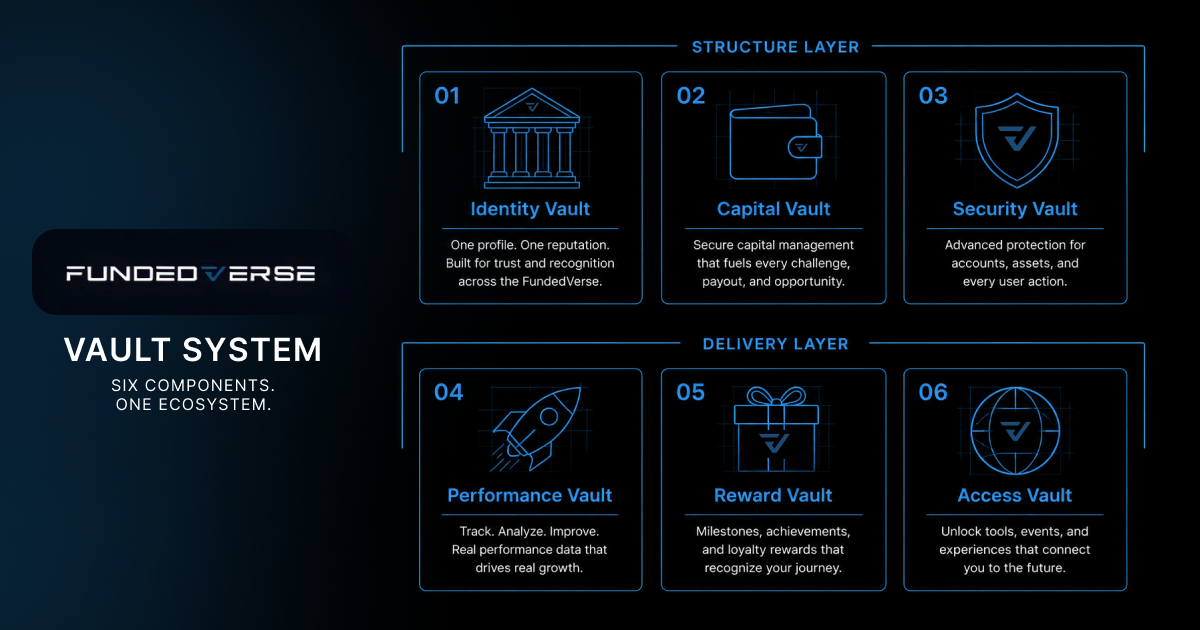 FundedVerse Vault System infographic breaking down six interconnected components across two layers: the Structure Layer covers Identity, Capital, and Security Vaults, while the Delivery Layer covers Performance, Reward, and Access Vaults, together forming a single unified ecosystem built to support traders from profile management through growth and recognition