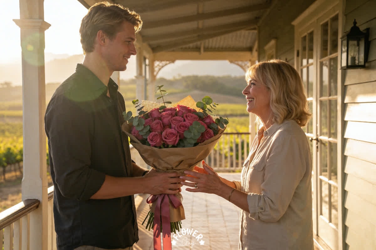 Young White South African son handing his smiling mother a bouquet of deep pink roses and eucalyptus wrapped in kraft paper on a Stellenbosch wine farm veranda at golden hour