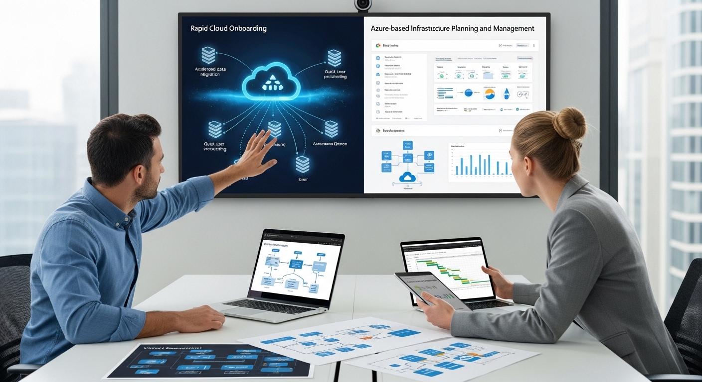 IT administrators comparing virtual desktop deployment workflows, showing rapid cloud onboarding alongside Azure-based infrastructure planning and management.