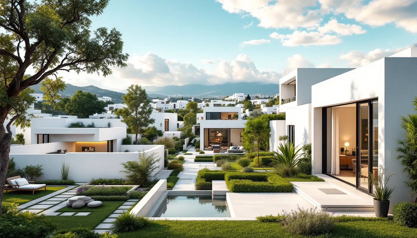 Una representación de la arquitectura residencial moderna con casas bien diseñadas y espacios abiertos.