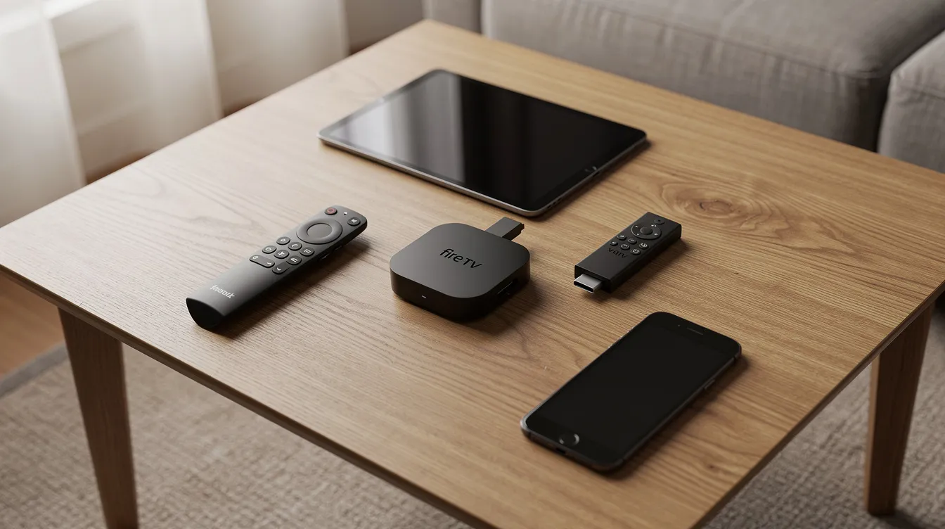 The image shows a coffee table featuring various streaming devices, including a smart TV remote, a Fire TV stick, a tablet, and a smartphone, highlighting the convenience of accessing IPTV services and live TV channels. This arrangement emphasizes the versatility of modern entertainment options and the compatibility of multiple devices for streaming.
