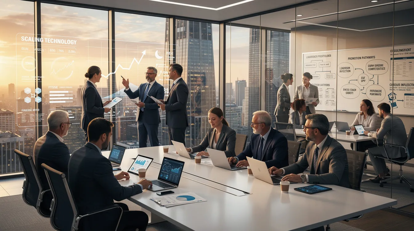 The image depicts a diverse group of senior leaders, including CEOs and VPs, engaged in an executive coaching session focused on leadership development and emotional intelligence. They are discussing strategies to navigate complexity and enhance their communication skills, emphasizing the importance of personal and professional growth during critical career transitions.