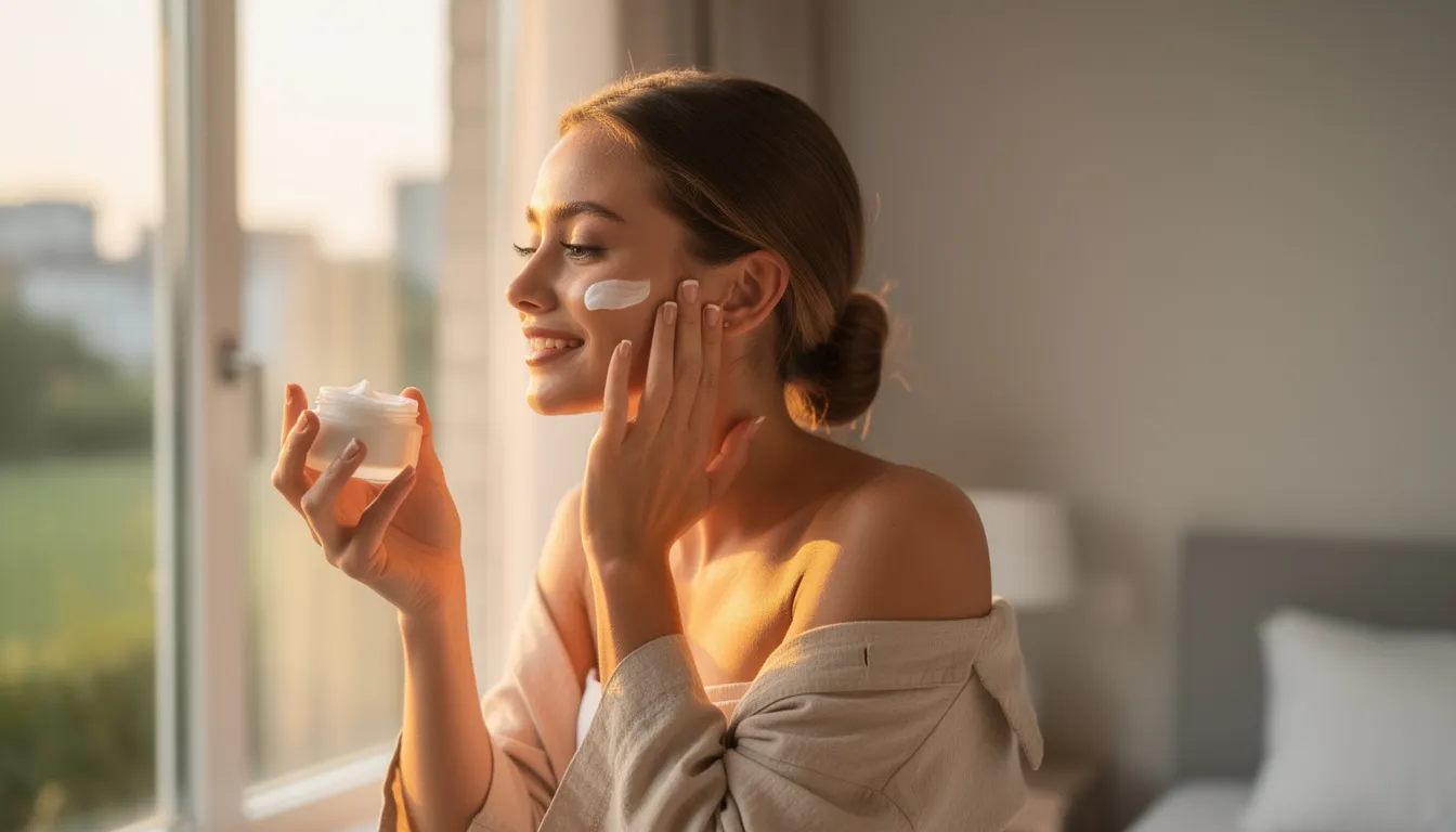 A woman with a radiant skin tone is applying a nourishing moisturizer made from natural and organic skincare ingredients, illuminated by soft morning light streaming through a nearby window. This scene captures the essence of natural beauty and the commitment to clean beauty, promoting a skincare routine that is gentle on sensitive skin.