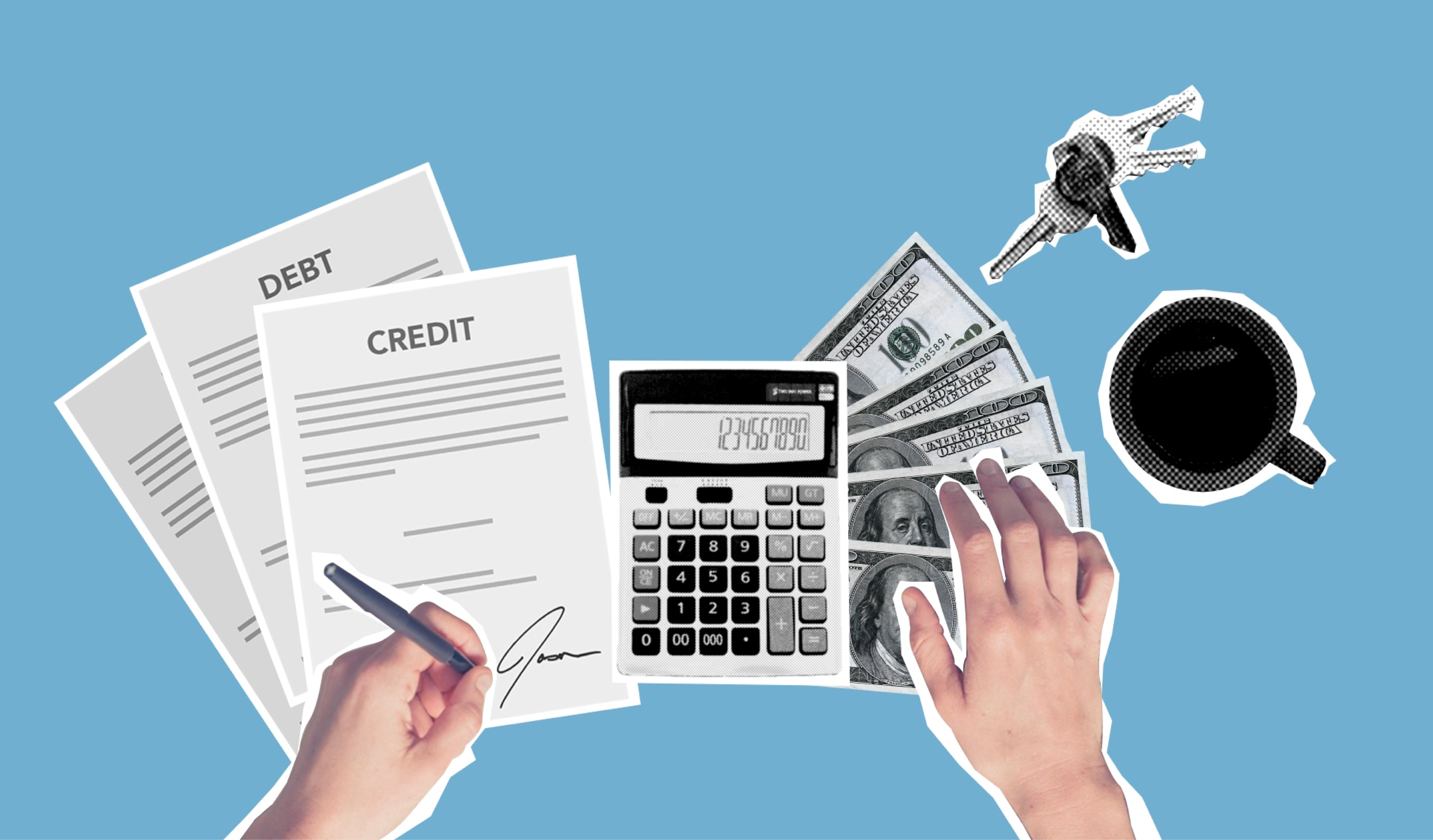 photo collage with documents, calculator, pen and keys on a blue background