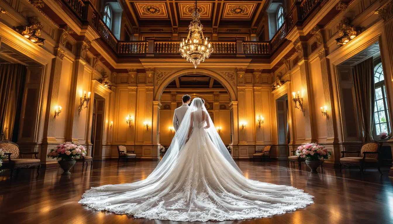 Ein Brautpaar steht sich in einem eleganten historischen Saal gegenüber, umgeben von warmem Licht, während sie ihre romantische Zeremonie im Standesamt Baden-Baden feiern. Der Raum strahlt eine festliche Atmosphäre aus, die die Bedeutung ihrer Eheschließung unterstreicht.