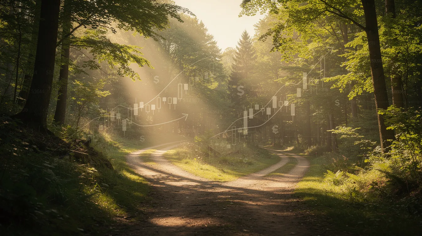 The image depicts two diverging paths through a lush forest, symbolizing a financial decision that one must navigate, such as choosing between restricted stock awards (RSAs) and restricted stock units (RSUs). Each path represents different tax implications and equity compensation strategies, highlighting the importance of understanding grant dates and tax liabilities associated with company stock.