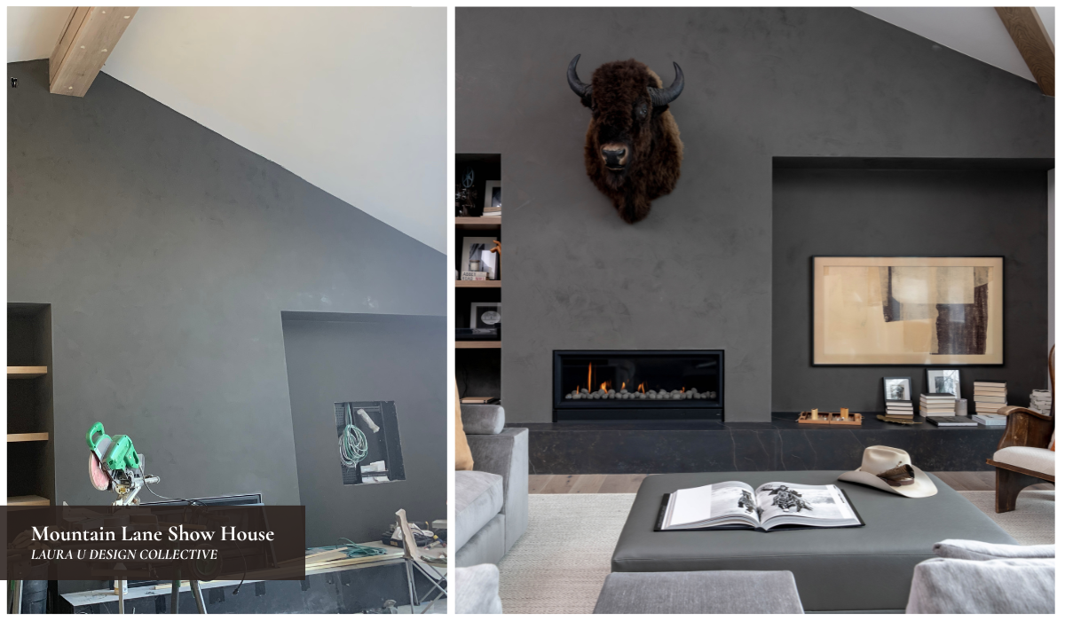 Before and after transformation of a modern living room with a dark plaster fireplace wall, mounted bison, built-in shelving, and contemporary seating designed by Laura U Design Collective.
