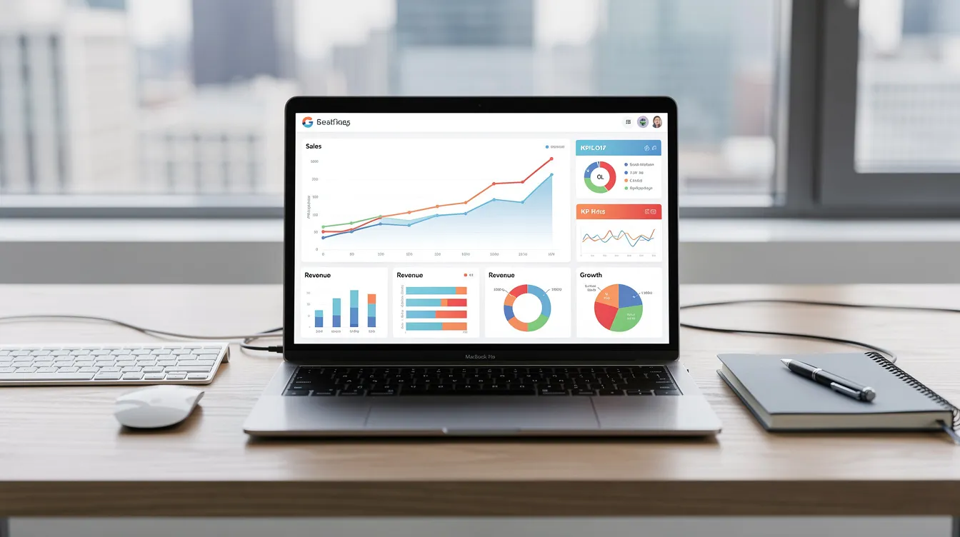 Une image d'un bureau moderne avec un ordinateur portable affichant des tableaux de bord de ventes, comprenant des graphiques et des statistiques, illustrant les étapes clés du processus de vente en B2B et les performances commerciales. Ce décor met en avant l'importance de l'analyse des données pour améliorer le chiffre d'affaires et la conversion des leads.