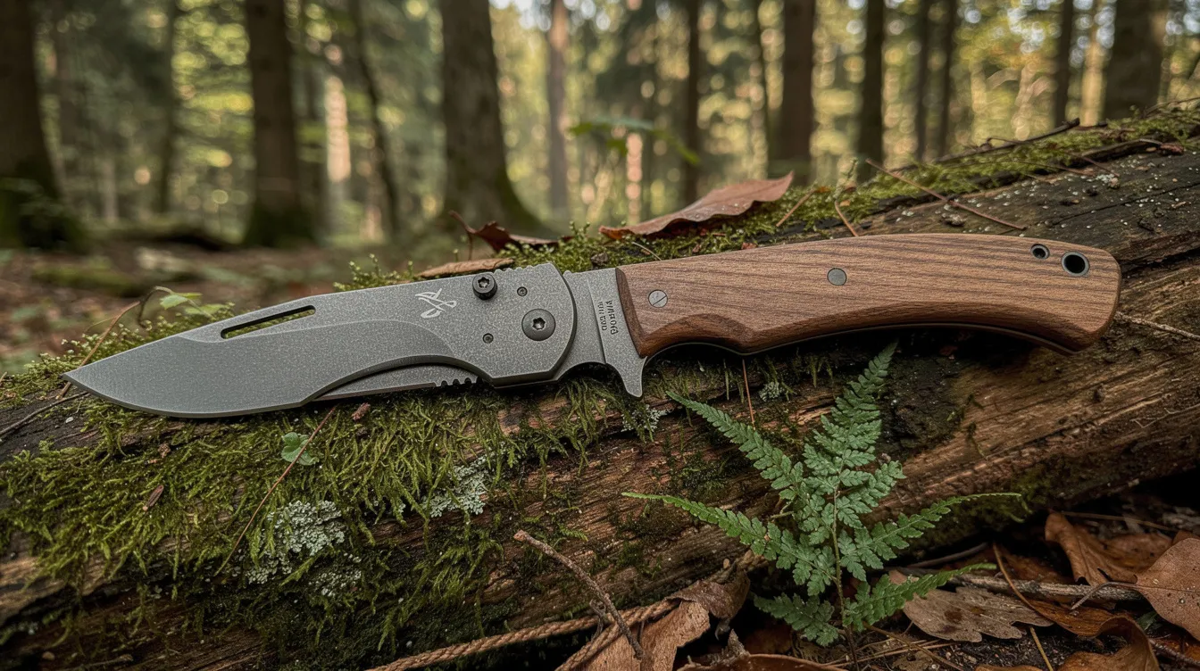A close-up view of a folding knife and a fixed blade knife resting side by side on a mossy log in the forest, showcasing essential camping tools for outdoor enthusiasts. This image highlights the quality and convenience of knives that are perfect for any camping trip or backpacking adventure.