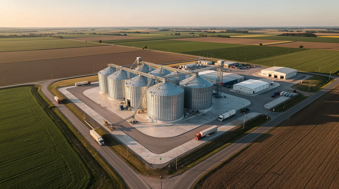 693dc3f8 dd96 4984 972f c89a42b4ce98 An aerial view showcases a modern grain storage complex featuring multiple steel silos, surrounded by expansive agricultural land and access roads. This efficient grain storage facility highlights the advanced technology of steel silos, essential for maintaining grain quality and optimizing storage capacity.