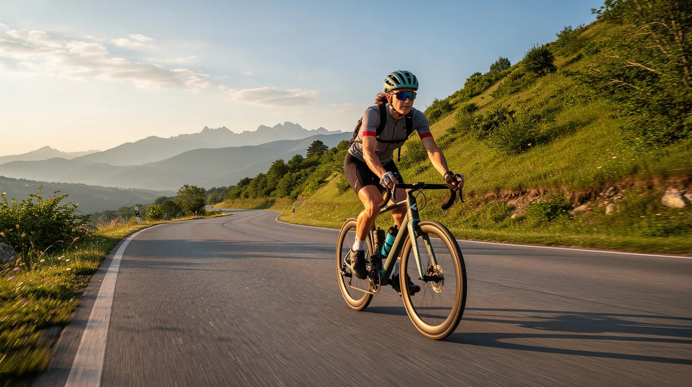 A person is cycling outdoors on a scenic road at a moderate pace, showcasing an active lifestyle that supports cardiovascular health and overall wellness. The picturesque surroundings enhance the experience, contributing to improved mood and cognitive function during this aerobic fitness session.