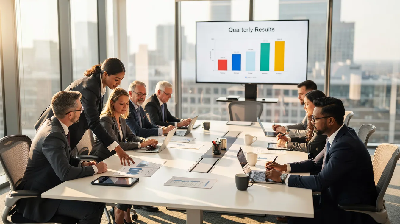 A diverse group of professionals is collaborating around a conference table in a modern office, discussing ideas and sharing insights. Their interaction reflects various personality traits, showcasing individual differences in communication and teamwork as they work towards common goals.