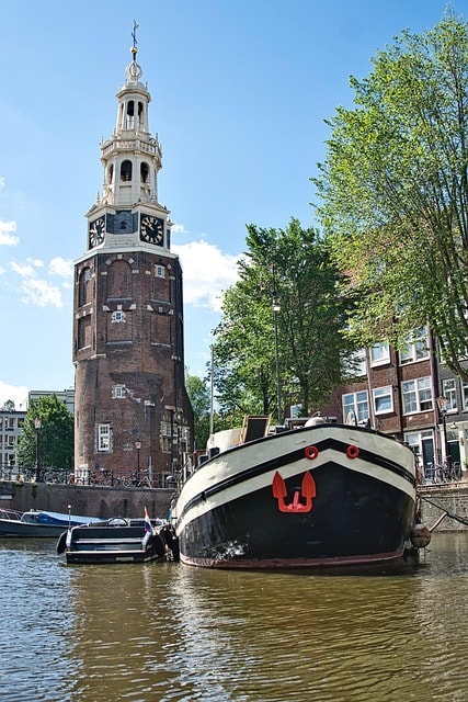 canal, tower, landmark, house boat, amsterdam, netherlands