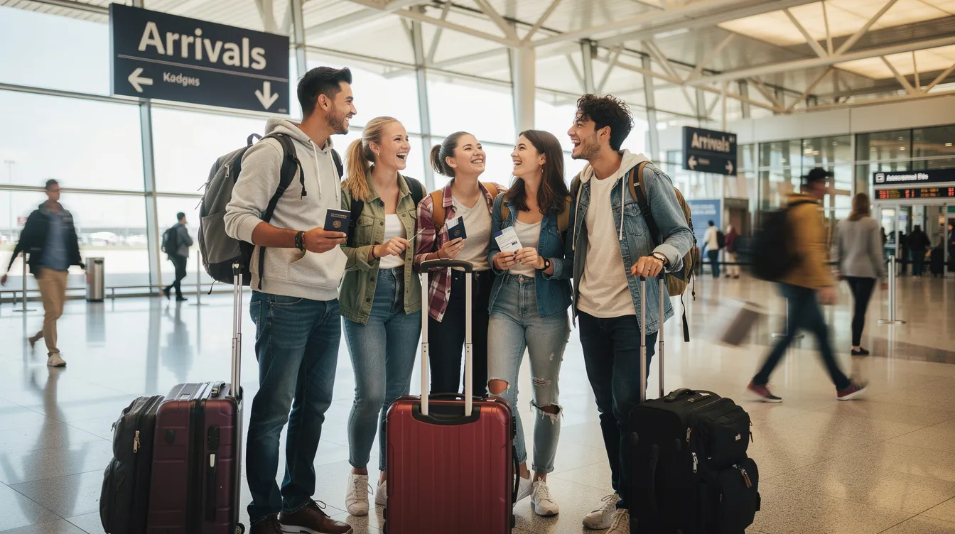 A cheerful group of young people is gathered in the airport arrivals area, laughing and sharing stories while surrounded by their luggage. Their excitement reflects the joy of reuniting after travels, embodying the spirit of unforgettable adventures that British Airways flights can offer.