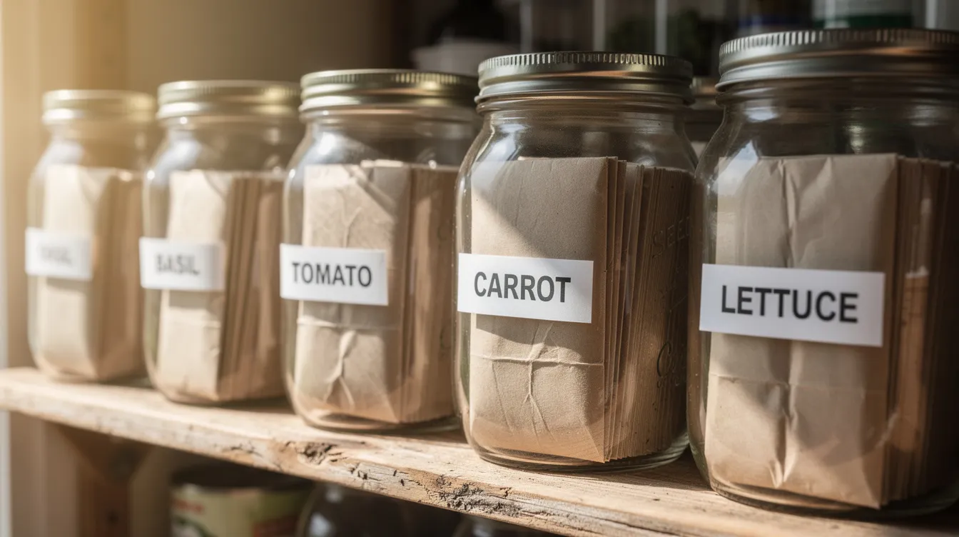 The image features glass mason jars neatly arranged on a wooden shelf, each containing labeled paper seed packets. These packets likely hold heirloom seeds, such as tomato and squash seeds, emphasizing the practice of seed saving for home gardeners looking to store seeds and cultivate their own food.