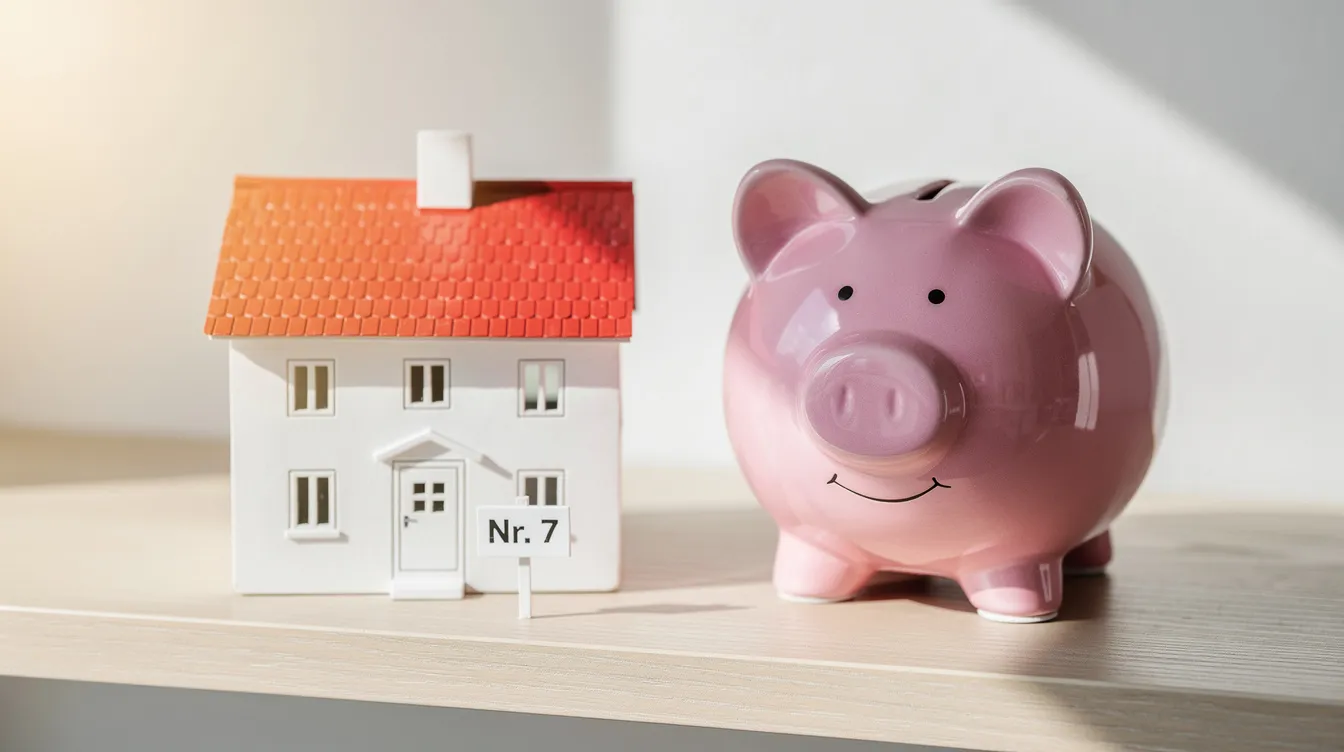 Ein Sparschwein steht neben einem kleinen Modellhaus auf einem hellen Regal, symbolisch für die Ersparnisse, die beim Hauskauf, einschließlich der Notarkosten und Grundbuchgebühren, notwendig sind. Das Bild vermittelt den Gedanken an finanzielle Planung und die verschiedenen Kosten, die mit dem Immobilienkauf verbunden sind.