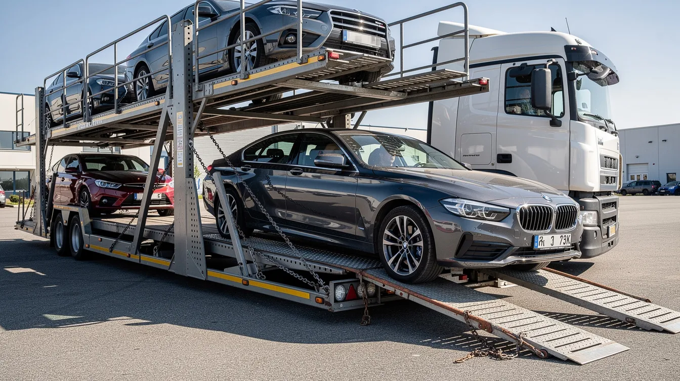 A sedan is being driven onto an open multi-car transport trailer, showcasing the process of vehicle shipping. This image highlights the logistics involved in transporting privately owned vehicles, which is essential for military personnel relocating to a new duty station.