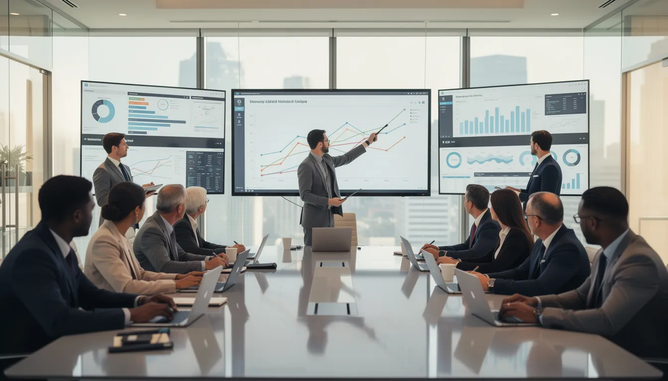 The image depicts a group of business leaders engaged in a planning meeting, intently reviewing information displayed on multiple screens. They are discussing strategies to address cyber threats and the talent gap in the cybersecurity workforce, emphasizing the importance of cybersecurity training and developing necessary skills for future success.