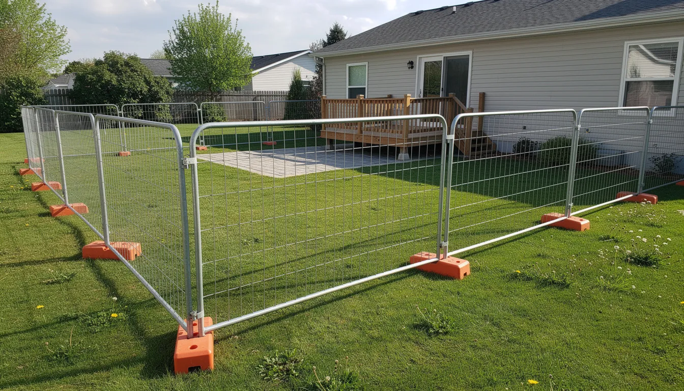 The image shows temporary fence panels arranged around a grassy backyard area, providing a clear boundary for safety and privacy. This setup could be part of residential fencing solutions, ideal for various outdoor activities or events.