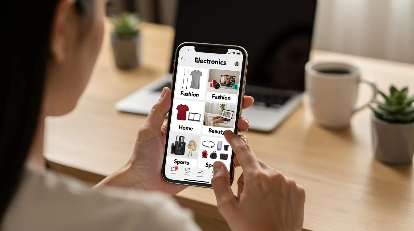 A person is using a smartphone to browse an online marketplace, with various product categories such as fashion, lifestyle, and household items visible on the screen. The user-friendly interface allows for easy navigation through listings, making it an ideal platform for both local sales and global transactions.