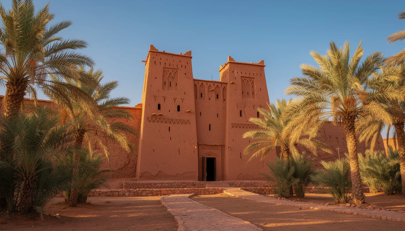 The image depicts an ancient mud-brick kasbah surrounded by lush palm trees, set against a clear blue sky, reflecting the rich culture and history of Morocco. This scene captures the essence of a Morocco desert tour, highlighting the unique architecture typical of traditional Berber villages in the Sahara Desert.