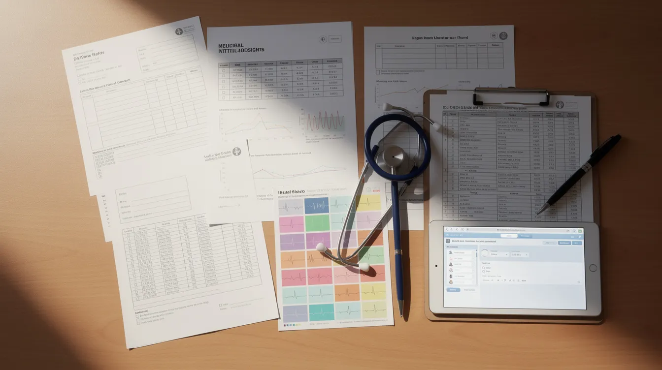 The image shows a collection of medical documents and charts neatly arranged on a wooden desk, highlighting important medical records and treatment plans. This scene may evoke thoughts of medical malpractice cases and the critical role of healthcare professionals in ensuring accurate diagnoses and timely medical treatment.
