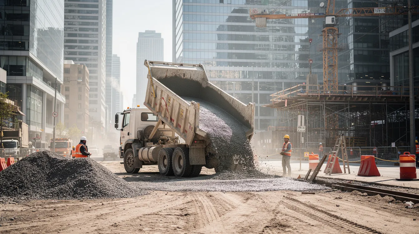The image depicts a dump trailer filled with construction debris, including broken concrete and heavy materials, parked at a job site where concrete waste is being prepared for disposal. Surrounding the trailer are various construction materials, illustrating the process of recycling concrete and minimizing environmental impact.