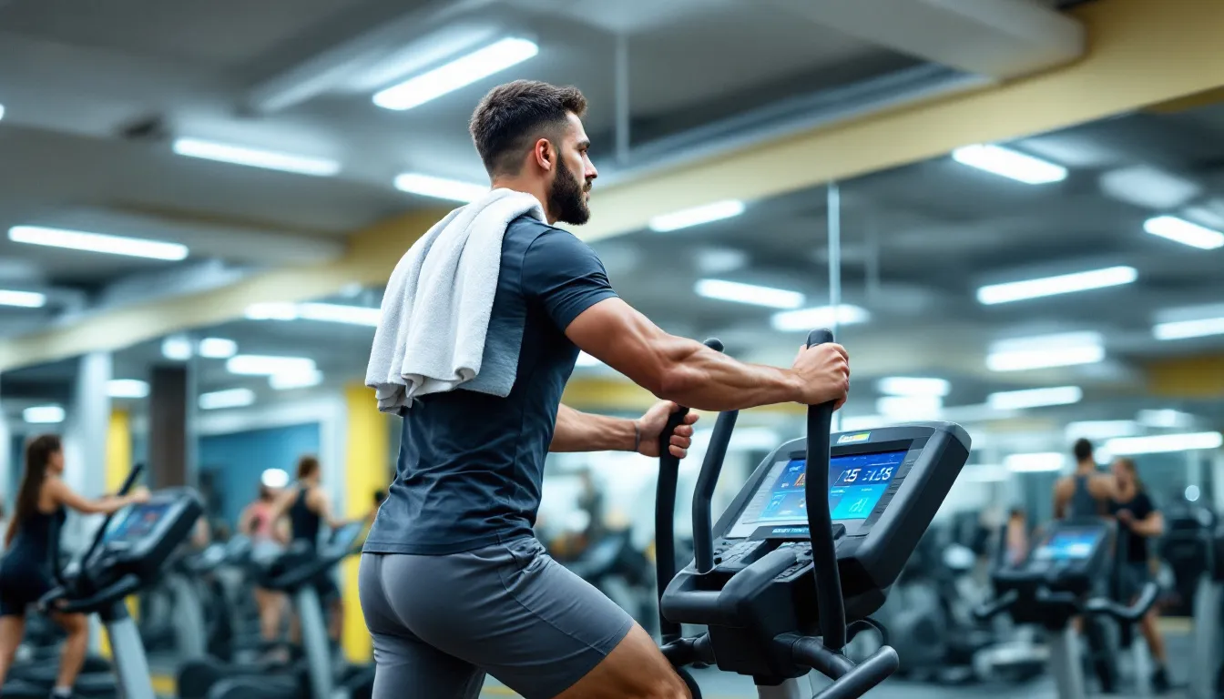 The image depicts a person using an elliptical machine, engaging in an intense cardio exercise that promotes cardiovascular health and helps with losing weight. This aerobic exercise is effective for burning calories and improving overall fitness levels while targeting major muscle groups in the lower body.