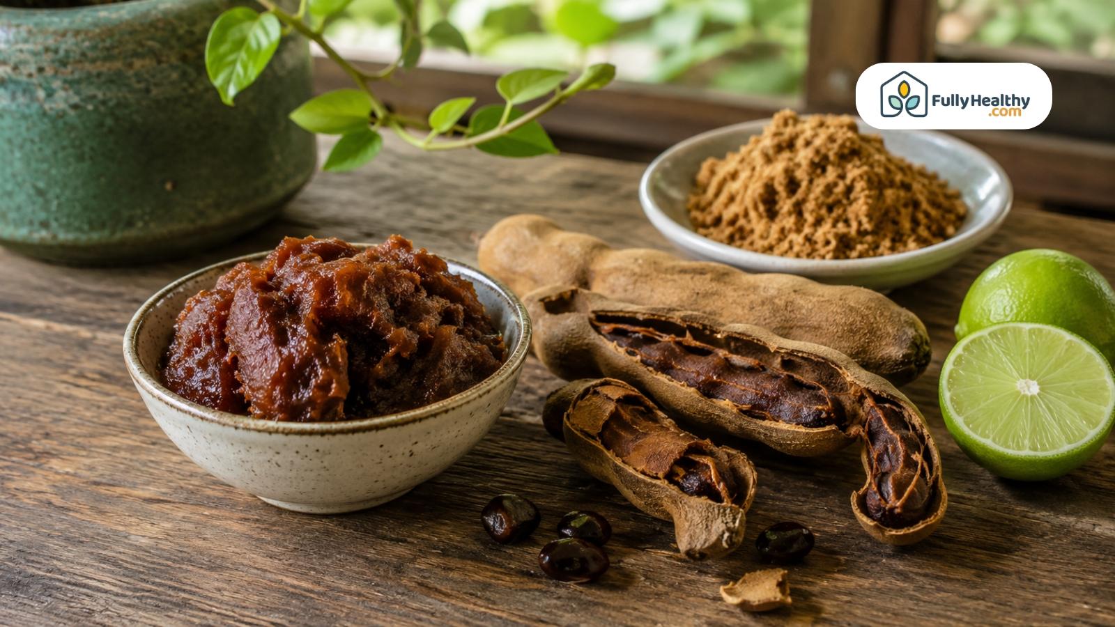 Tamarind pulp, opened pods, brown sugar, and lime arranged on wooden table