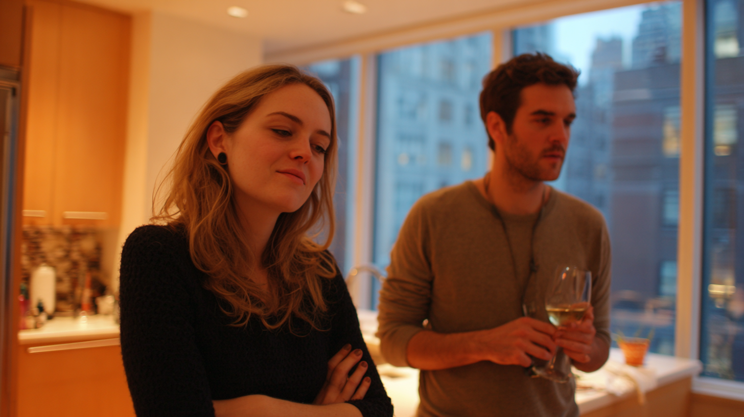 Attractive young heterosexual couple in their Tribeca kitchen on a Sunday night with visible emotional distance, representing the high-achieving NYC couples who pursue Gottman Method couples therapy at New York Therapy when familiar arguments keep returning.