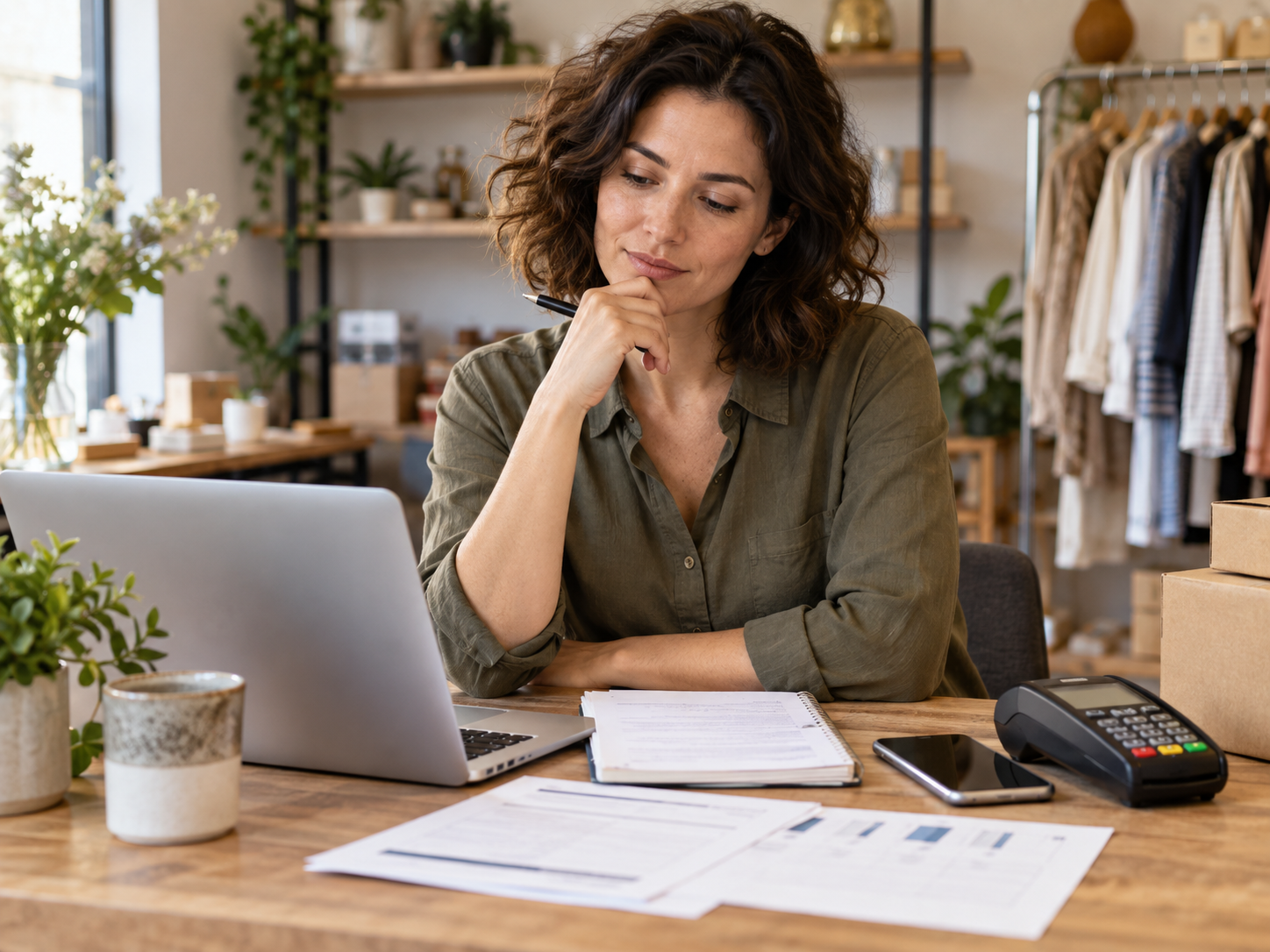 Entrepreneur reviewing payment needs at a workspace with a laptop, paperwork, smartphone, and card terminal.