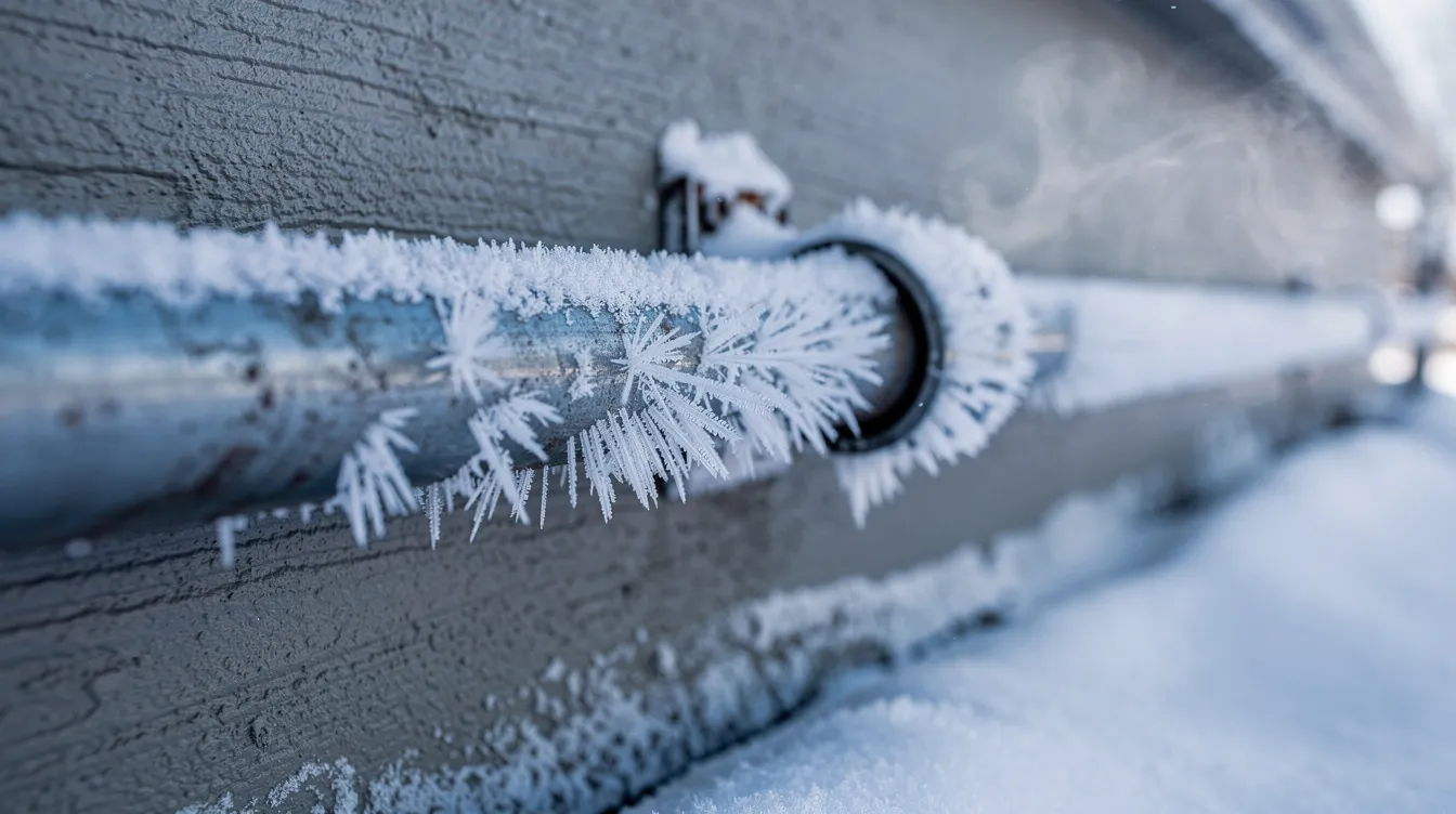 The image shows frozen pipes covered in frost and ice crystals, running along the exterior wall of a house, indicating potential plumbing issues such as a burst pipe. This situation may require emergency plumbing services to prevent further damage and ensure proper water flow.