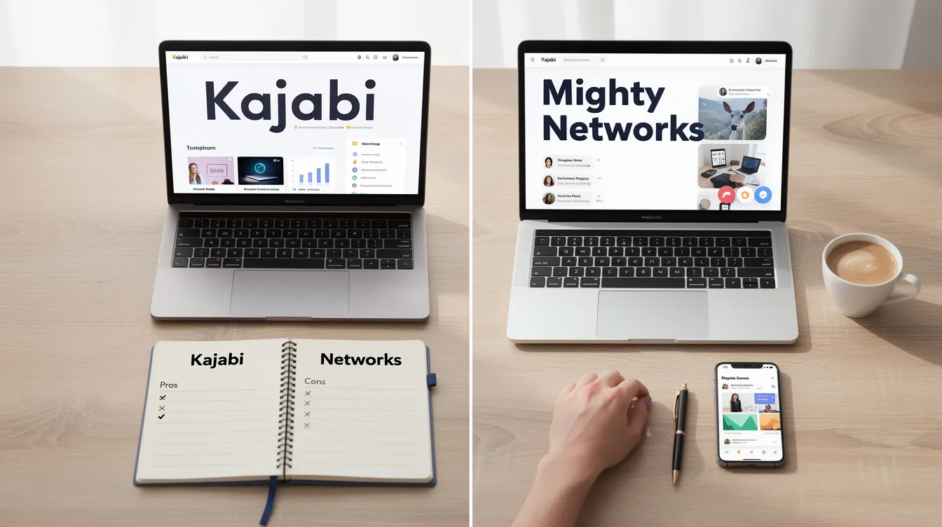 The image depicts a person contemplating the decision between Kajabi and Mighty Networks for their online courses and community building. It highlights the key features of both platforms, such as course creation, community engagement, and marketing tools, emphasizing the choice of the right all-in-one solution for course creators.