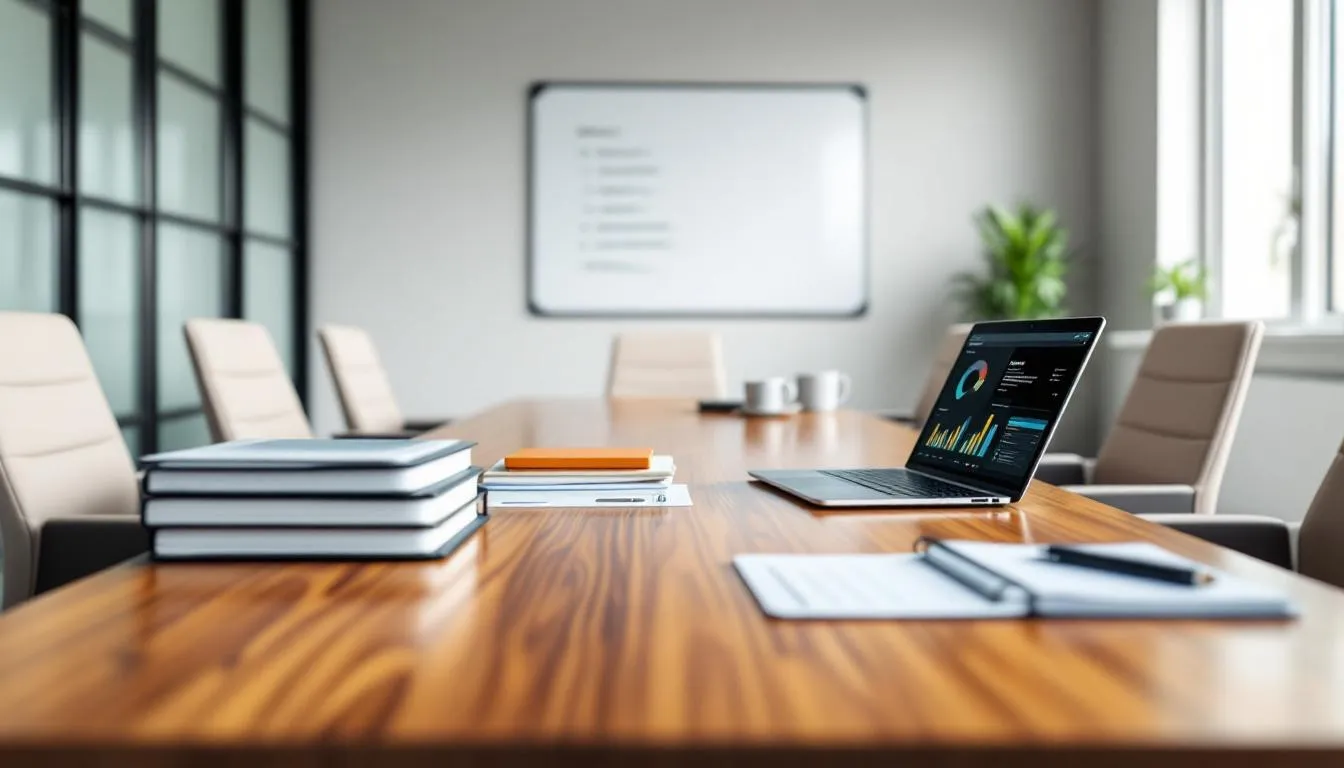 A well-organized agenda laid out on a table during a board meeting.