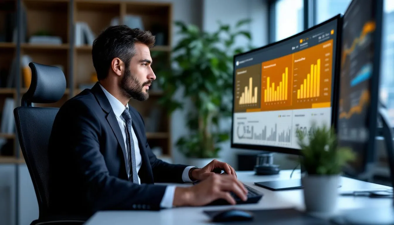 A man is focused on tracking key procurement KPIs, analyzing data on procurement performance, cost savings, and supplier performance metrics. He is engaged in assessing the efficiency of the procurement process to enhance the effectiveness of the procurement team.