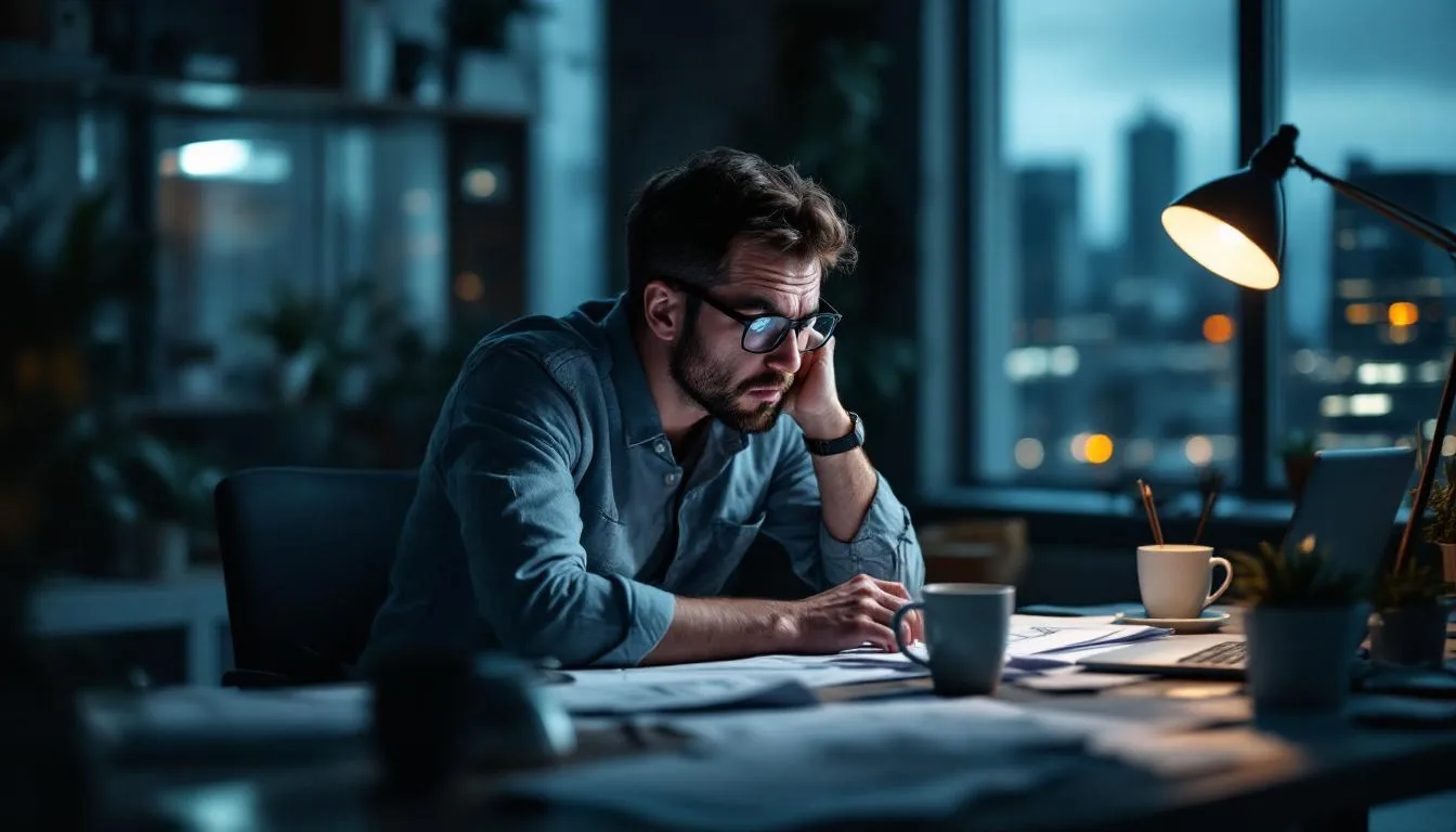 An architect, visibly stressed, is working late at a computer screen surrounded by scattered building plans on the desk, highlighting the demanding working conditions in the architecture industry. The scene captures the intense focus and dedication required in creating innovative designs while managing client expectations and the pressures of overtime pay.