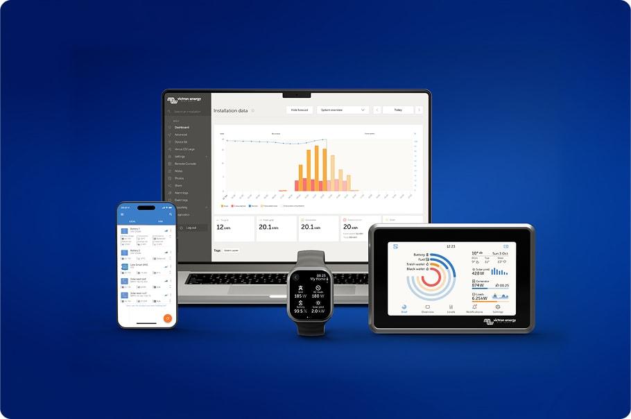 Na obrazku widoczny jest nowoczesny system sterowania i monitoringu Victron Energy VRM, który można uruchomić na laptopie, na telefonie i na zegarku.
