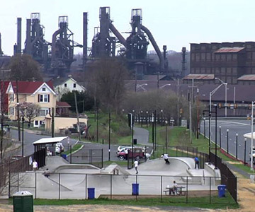 A skate park with various features