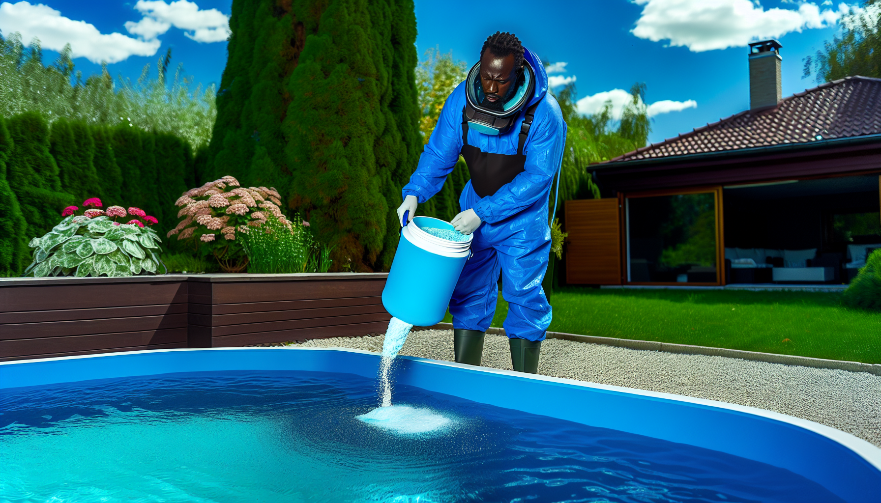 Person wearing protective gear while adding shock to a pool