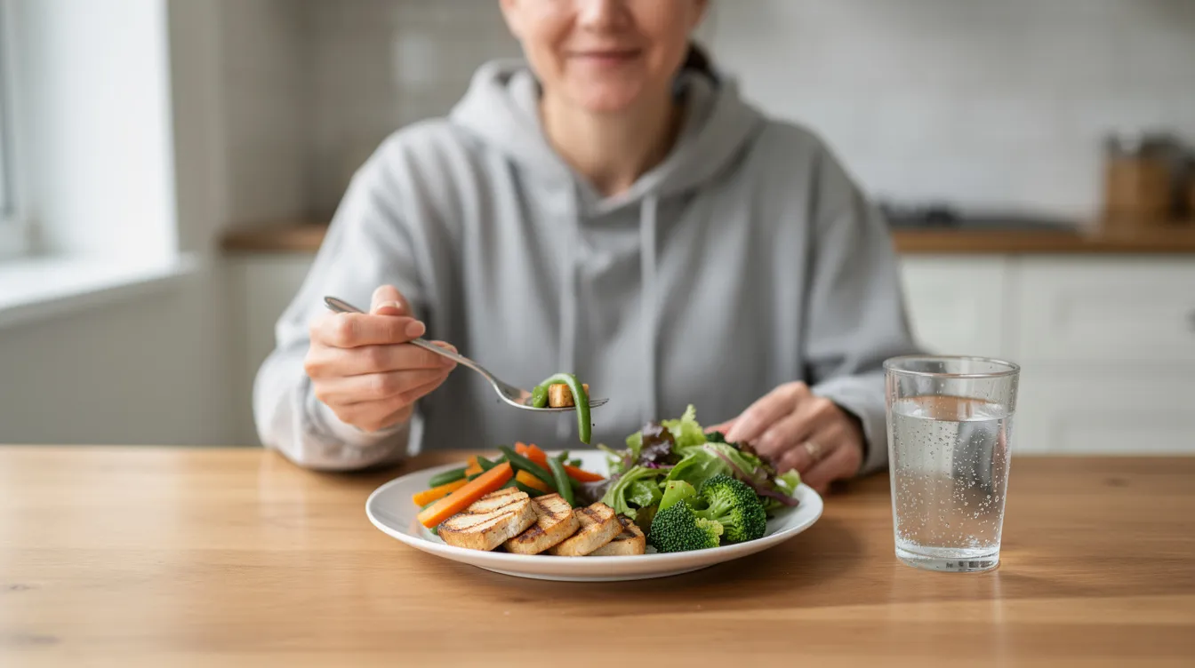 A person sits at a table enjoying a small, healthy meal that includes vegetables and a glass of water, emphasizing a focus on weight management and healthy food intake. This scene reflects the importance of maintaining a balanced diet for weight loss goals and overall health.