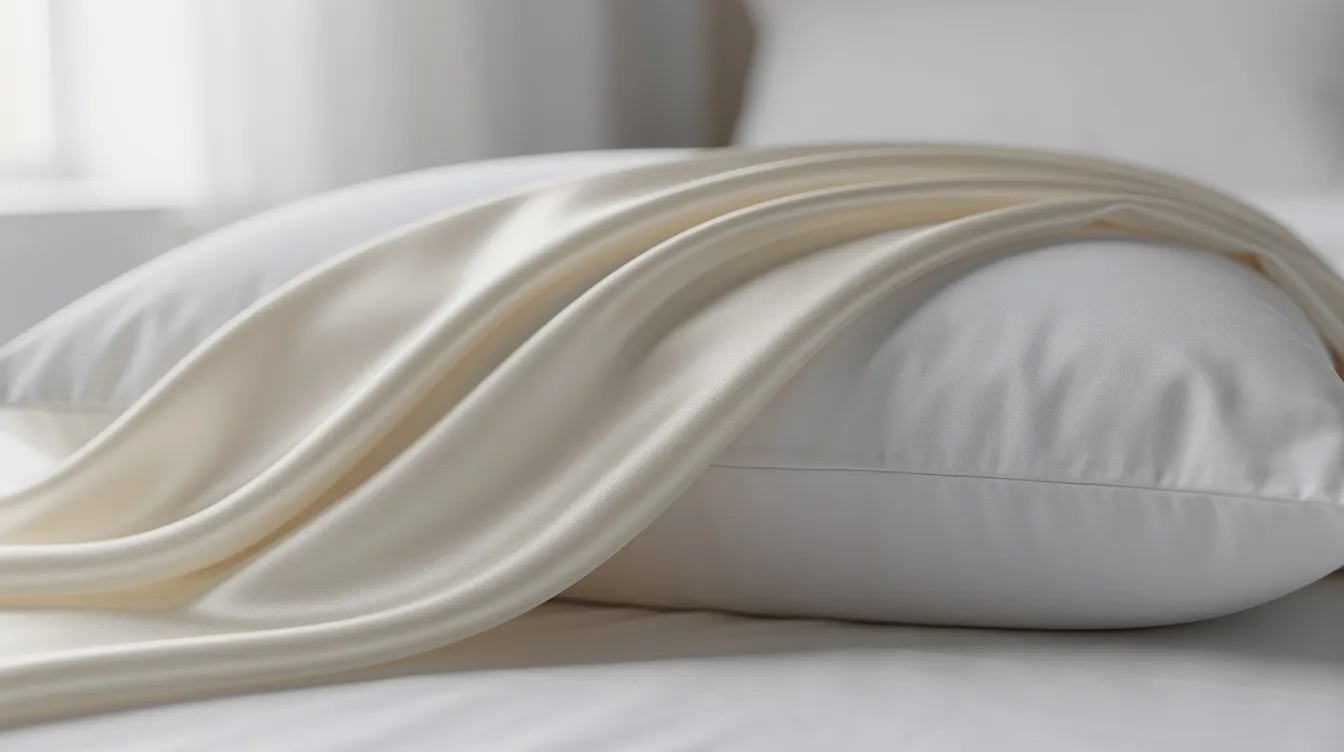 A close-up view of a smooth ivory silk fabric elegantly draped over a white pillow, highlighting the luxurious texture of a high-quality silk pillowcase that promotes skin and hair health. This image showcases the benefits of using pure mulberry silk pillowcases for sensitive skin, enhancing beauty sleep and reducing sleep wrinkles.