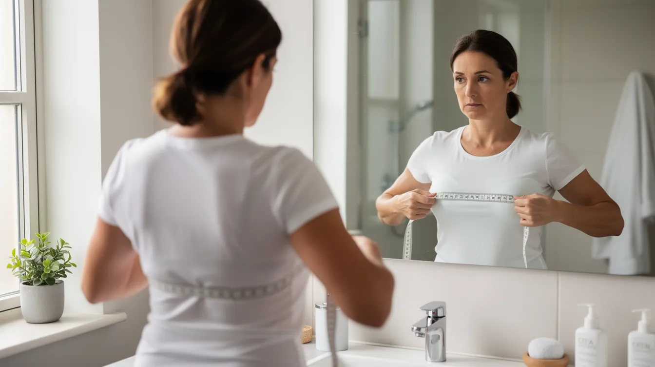 A woman is using a soft tape measure to measure her chest while standing in front of a mirror, contemplating her breast augmentation options and considering factors like breast implant size and cup size for her desired results. The scene reflects the importance of understanding breast implant cc sizes and achieving natural-looking results that align with her personal aesthetic goals.